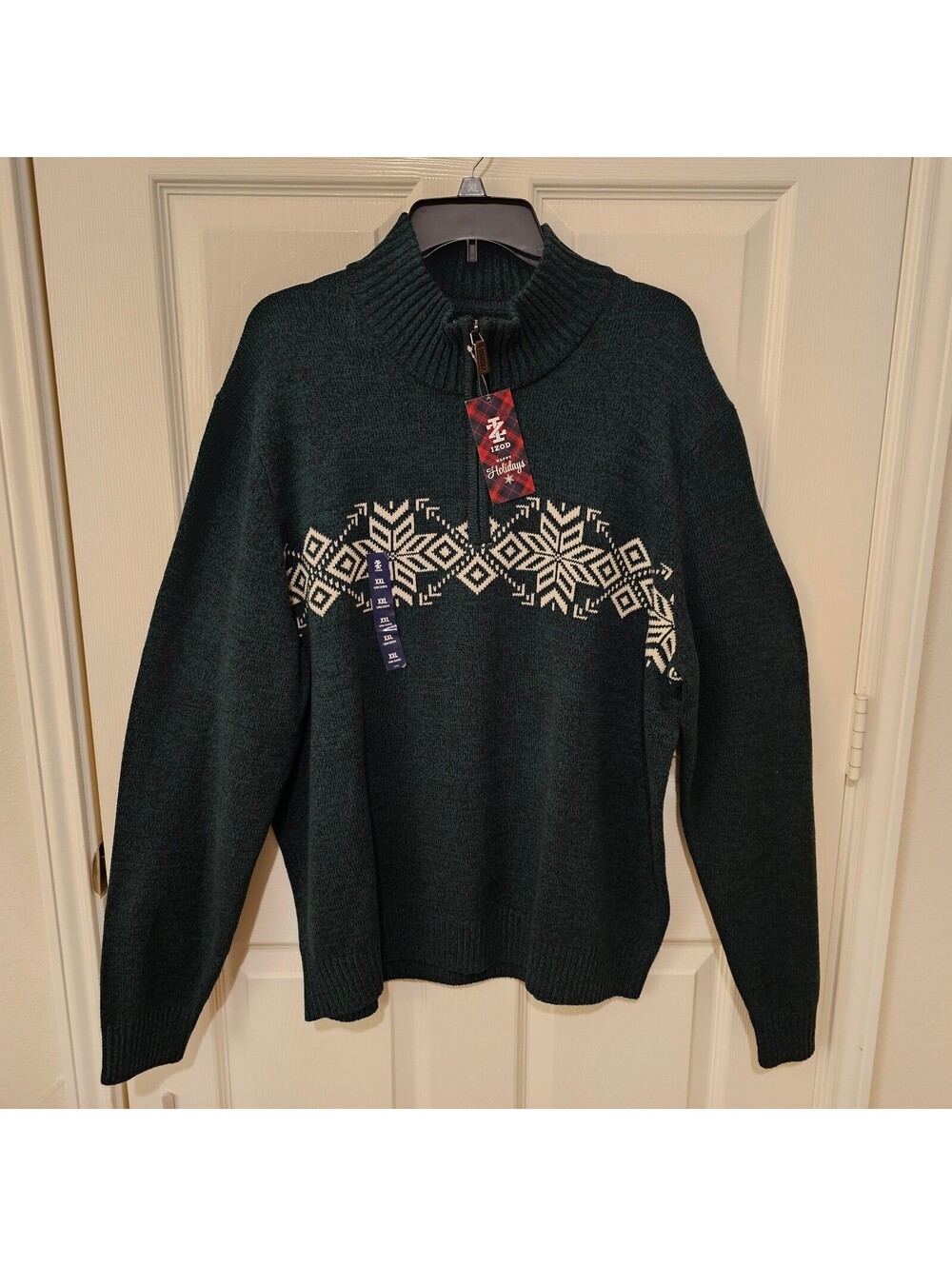 Izod Men Sweater Dark Green, Cream Snowflakes Cabin-core Alpine Ski size XXL
